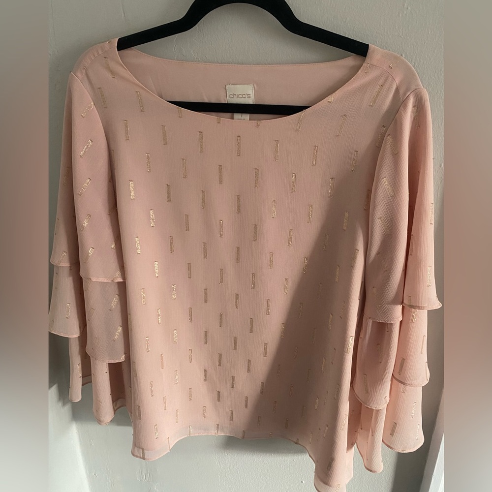 Chico’s Blush Pink Blouse with Gold and Ruffle Tiered Sleeves